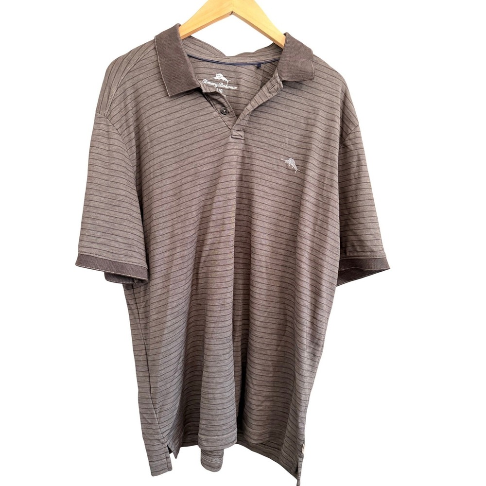 Tommy Bahama Polo Shirt Mens Large Grey Striped Short Sleeve Marlin‎ Logo Casual